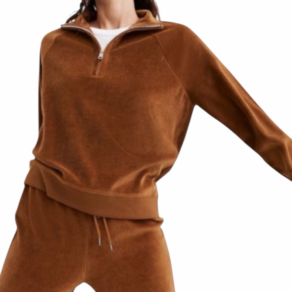 Madewell MWL Velour Half-Zip Pullover Sweatshirt in "Dried Cedar" Copper XS